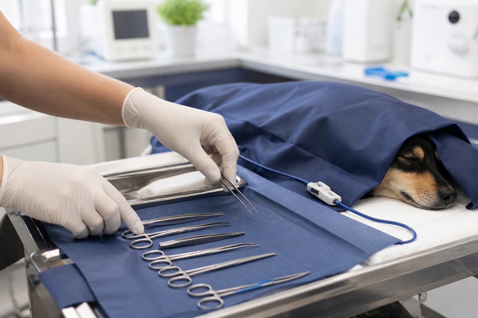 Příprava sterilních nástrojů k veterinárnímu zákroku